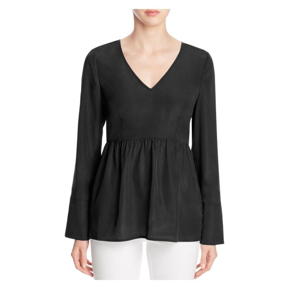 FINITY Womens Black Pleated Long Sleeve V Neck Wear To Work Peplum Top 8